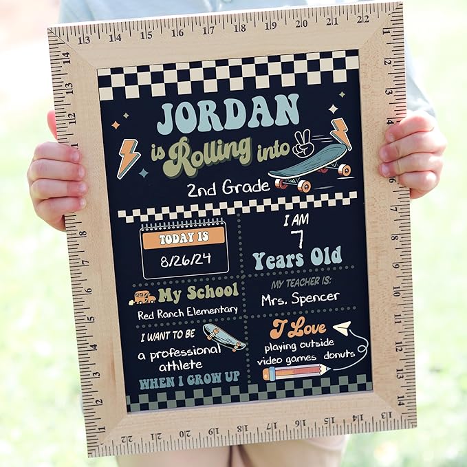 First Day of School Sign (11.5"x15"), Reusable Chalkboard, Easy to Clean with Real Wooden Ruler Frame, Perfect for Back to School, First Day of Kindergarten (Skateboard)