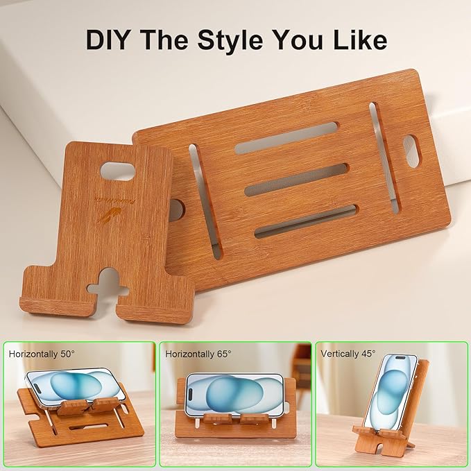 Pezin & Hulin Bamboo Cell Phone Stand, Wood Dock Holder, Portable Desktop Phone Rack, Compatible with Mobile Phone and Tablet -Slim Version (Brown)