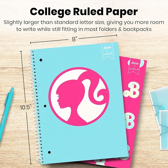Yoobi Barbie X College Ruled Spiral Notebook Set – 3-Pack of 1 Subject Notebooks, Pink, Blue & Peach Barbie Designs – 100 Perforated 3-Hole Punched Sheets – 10.5” x 8”