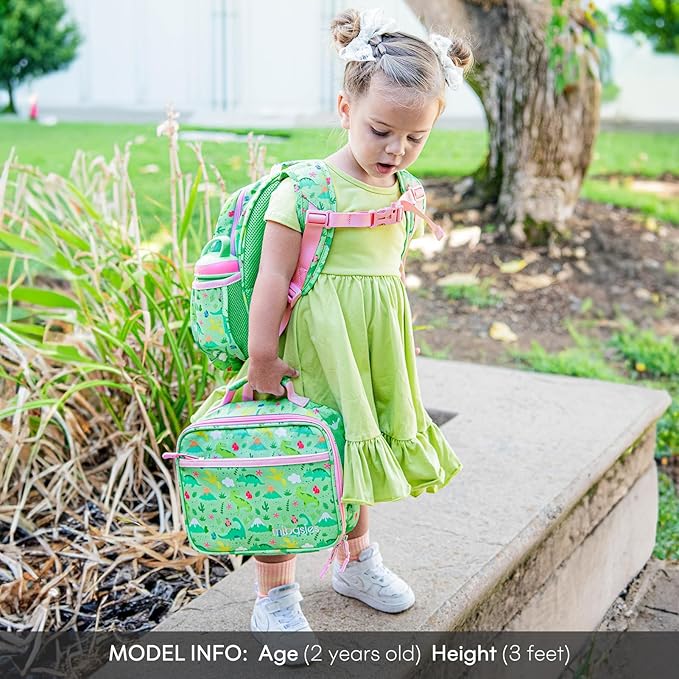 mibasies Kids Lunch Box for Girls Toddler, Insulated and Reusable Lunch Bag for School, Light Green Dinosaur Forset