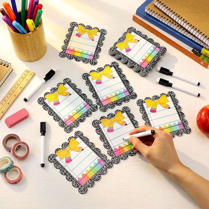 Crtiin 42 Pcs Magnetic Name Tags for Lockers Composition Notebook Bow Dry Erase Labels Magnetic Reusable Name Tags for Back to School Whiteboard Classroom School Bus Locker Fridge