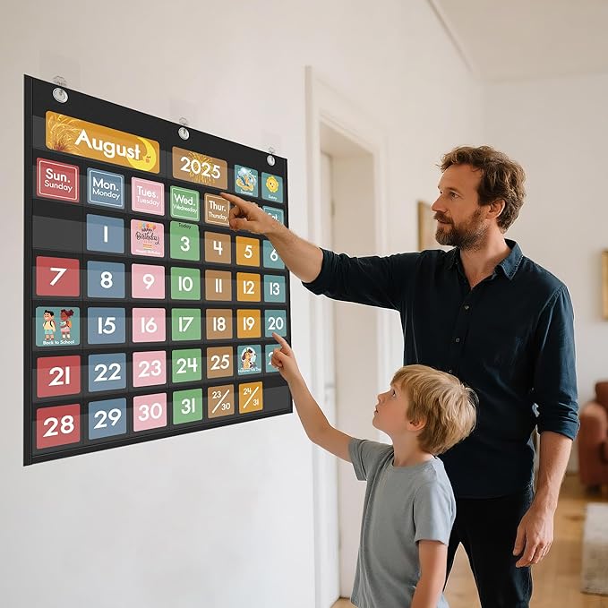 Yoink 46 Pockets Classroom Calendar Pocket Chart with 77 Cards, Daily Monthly Learning Calendar for Circle Time Weather Seasons, Preschool Kindergarten Homeschool Must Have, Teacher Supplies (Black)