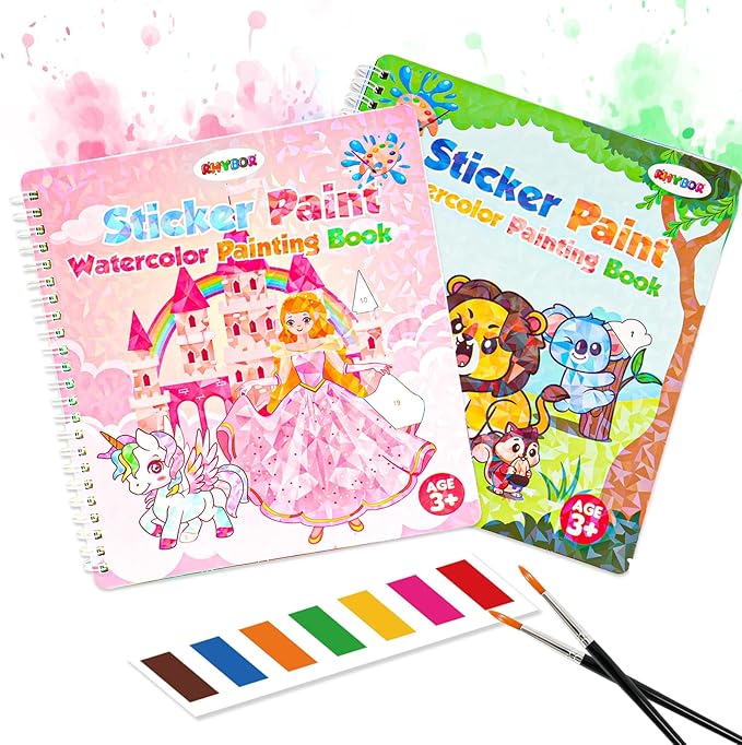 Water Coloring Books for Kids Ages 4-10, 2 Pack Paint by Sticker Activity Book, 20 Designs, Mess-Free Coloring with Built-in Paint & Brush, Travel Toys Gift