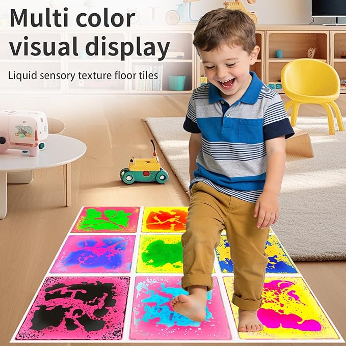 Sensory Liquid Floor Tiles for Kids: Liquid Fusion Activity Mpack with 9 One-Piece Glue-Free Sealing - Autism Toddler Must Haves Educational Sensory Water Play Mats Indoor（12x12inch）