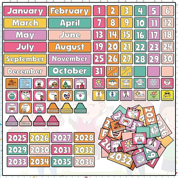 Gueevin Classroom Calendar Pocket Chart Set Composition Calendar Bulletin Board Set Seasons Festival Weather Bulletin Board Display with Cards Pocket Chart for Classroom Back to School Decoration