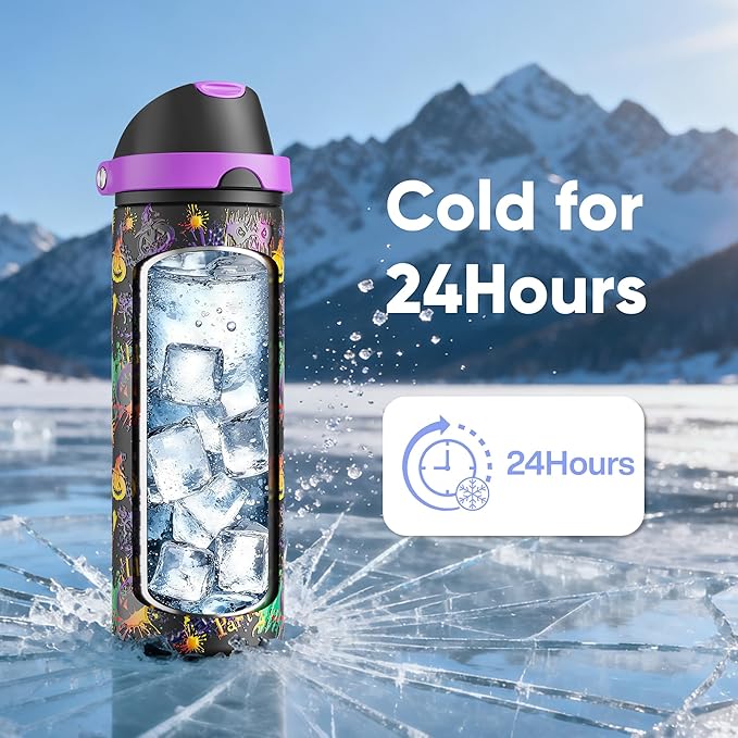 Insulated Water Bottle with Straw - Encool Stainless Steel Water Bottle with Push Button Lid, Leak-Proof & BPA-Free, Keeps Cold for 24 Hours for Sports, Travel, Gym (24 oz, Ghost Party)