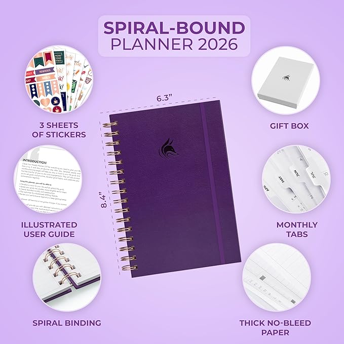 Clever Fox Dated Planner with Tabs 2026 – Weekly & Monthly Spiral Planner with Habit Tracker for Goal Setting & Time Management (Purple)