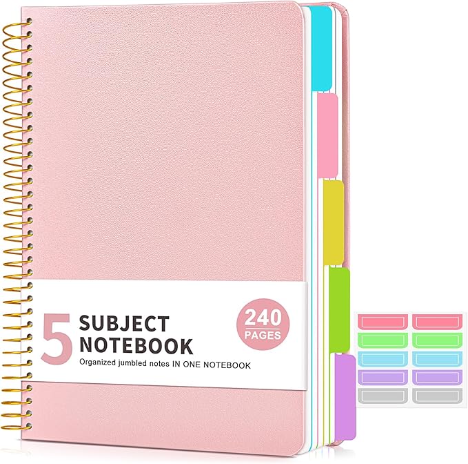 5 Subject Notebook College Ruled with Removable Pocket Dividers Tabs, 240 Pages Spiral Notebook 8.5 x 11, Lined Journal Notebook for Women , Hardcover Notebooks for Work School Note taking A4 Pink
