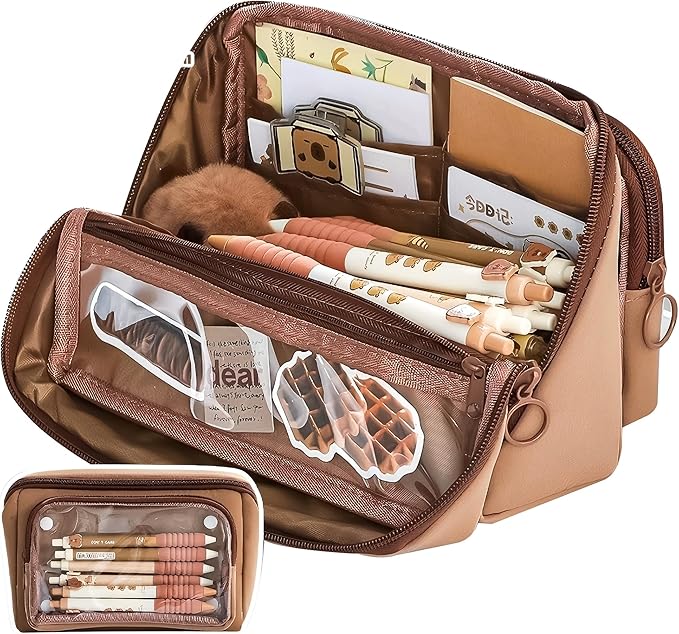 Large Pencil Pouch Big Pencil Case Big Capacity Aesthetic Pen Cosmetic Bag Pen Stationery Organizer Simple, College Office Home Travel Storage Bag (Brown)