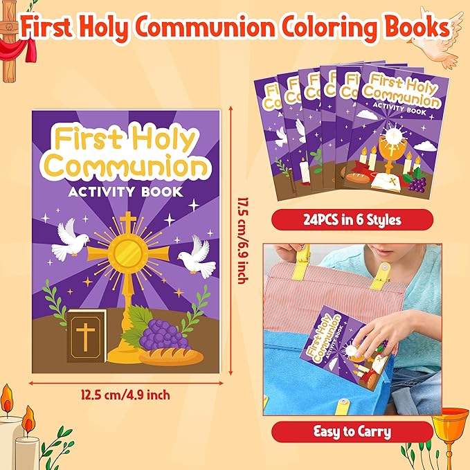 JAPBOR First Holy Communion Coloring Books - 24PCS Mini Christian Activity Color Books Bulk for Kids Party Favor, Religious Jesus Cross DIY Small Colouring Pages for Birthday Gift Class Painting Game