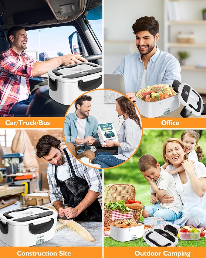 Eocolz Electric Lunch Box Food Heater 60-80W for Adults, Portable Food Warmer Heated Lunch Box for Car Truck Work with 1.5L Stainless Steel Container Fork & Spoon 12/24/110V Lonchera Eléctrica