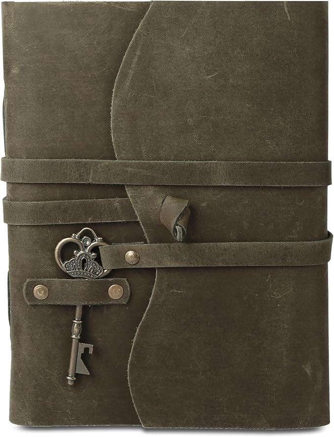 Leather Journal with Deckle Edge Paper 8x6 inch and Vintage Key | Handmade Writing Notebook Diary | Bound Daily Notepad for Men & Women Medium, Sketch/Writing pad for Artists
