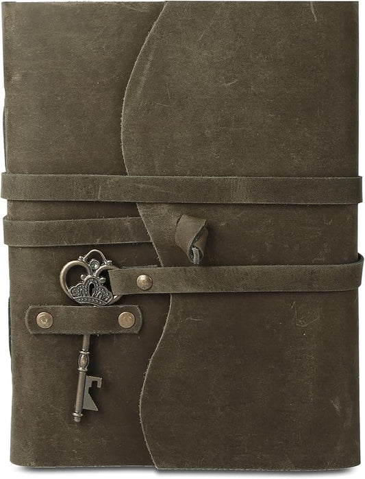 Leather Journal with Deckle Edge Paper 8x6 inch and Vintage Key | Handmade Writing Notebook Diary | Bound Daily Notepad for Men & Women Medium, Sketch/Writing pad for Artists