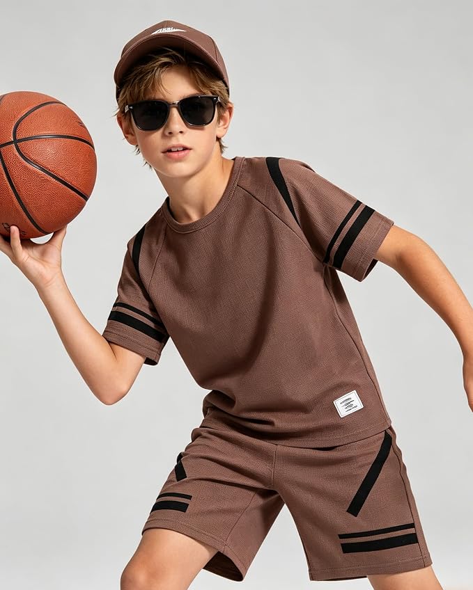 Cakaner Tween Boys Clothes Summer Simple Print T-Shirt And Shorts Set 2 Pieces Teen Trendy Outfits Size 7-14 Year