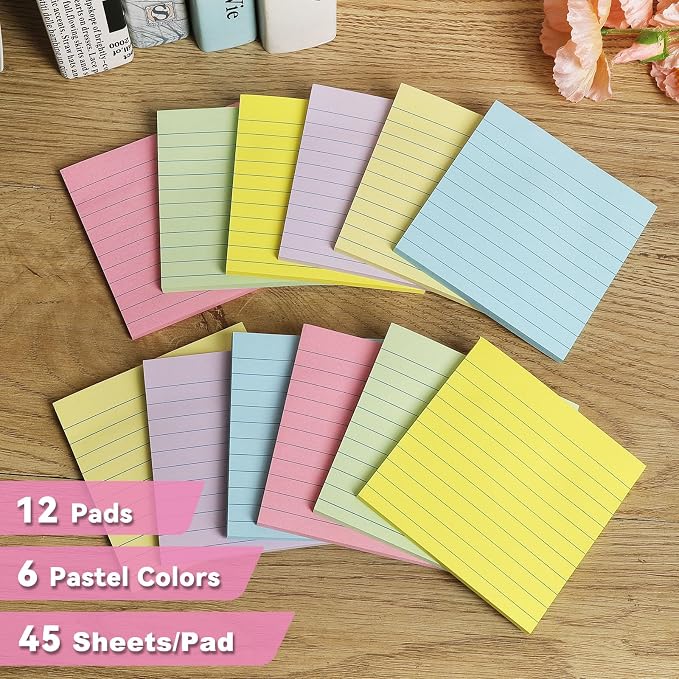 12 Pack Lined Sticky Notes 4x4 in, Pastel Colors Self- Stick Note Pads Its