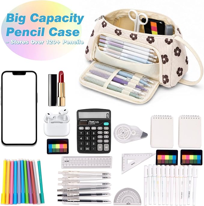 Big Capacity Pencil case,Soft Corduroy Pencil Bag with 3 Compartment Pouch Bag for School Supplies Office for Teen Girls Boys Women Man (Brown Floral)