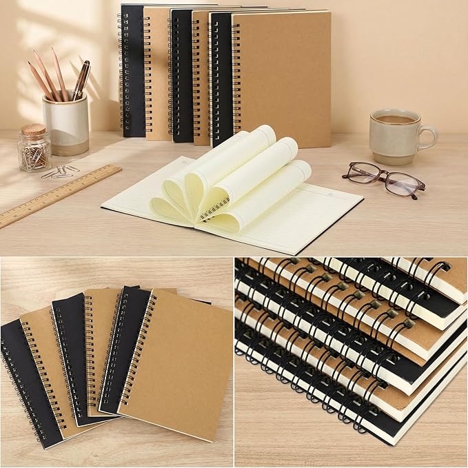 Leelosp 12 Pcs Small Spiral Notebook Lined Spiral Journal College Ruled Notebook Wire Bound Kraft Cover, 120 Pages for Work (Brown,Black,5 x 7 Inch)