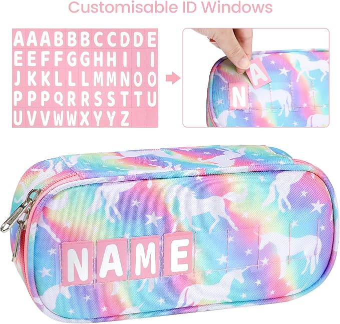 Cambond Pencil Case for Girls - Cute Pencil Cases for Kids Teen Girls Big Capacity Pencil Box Special Pencil Pouch for School with Personalized Letter Cards and Slot, Rainbow Unicorn