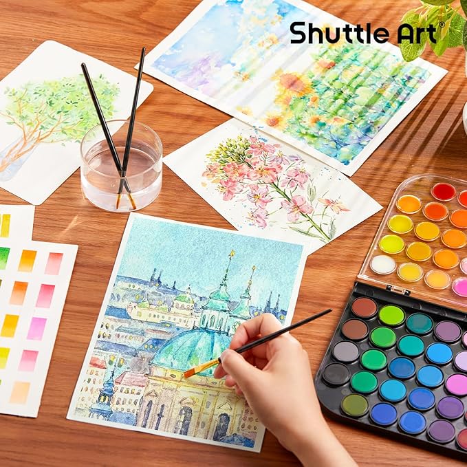 Shuttle Art Watercolor Paint Set, 48 Colors Watercolor Paint Pan Set with 3 Paint Brushes for Beginners, Artists, Kids & Adults for Painting, Journaling, Calligraphy Practice