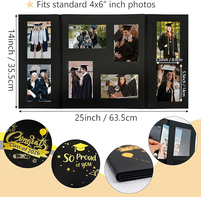 GMFrames Graduation Picture Frame Photo Display Board Class of 2026 Multi 4"x6" Memory Portfolio Album for Senior High School, College or University Graduation Photographs Black