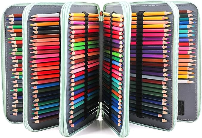 Vomgomfom 252 Slots Pencil Bag, 5-Layer Zipper Art Supply Organizer, PU Leather Portable Colored Pencil Case with Handle for 252 Watercolor Pens, Gel Pens (Green Rose)