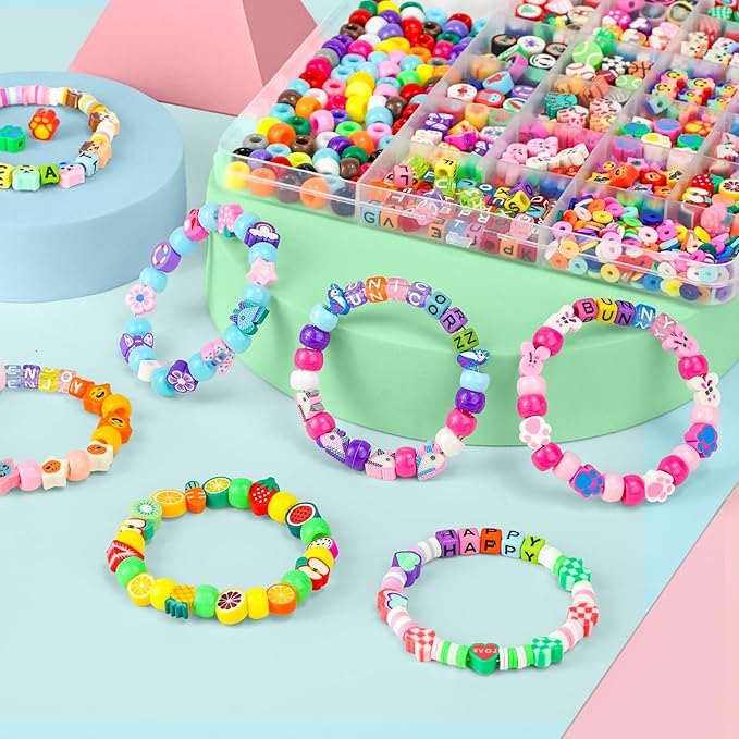 Gionlion 1200 Pcs Polymer Clay Beads Bracelet Making Kit, 25 Style Animal Fruit Flower Butterfly Bunny Pony Letter Beads Charms for Jewelry Making, DIY Art and Crafts Toys Gifts