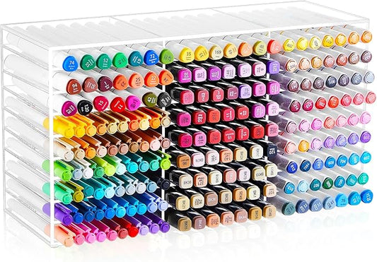 MotiMind Acrylic Marker Organizer for 189 Marker, Large Art Pencil Holder Storage Rack for Desk, Pens Art Brushes Display Stand with 27 Compartments for Desktop, Office (clear, 189 Capacity)