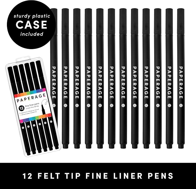 PAPERAGE Felt Tip Fine Point Pens (0.4mm), 12 Pack, Pens For Journaling, Notebooks, Planners, Calendars & Drawing, Great for School, Office, & Home (Black Ink)