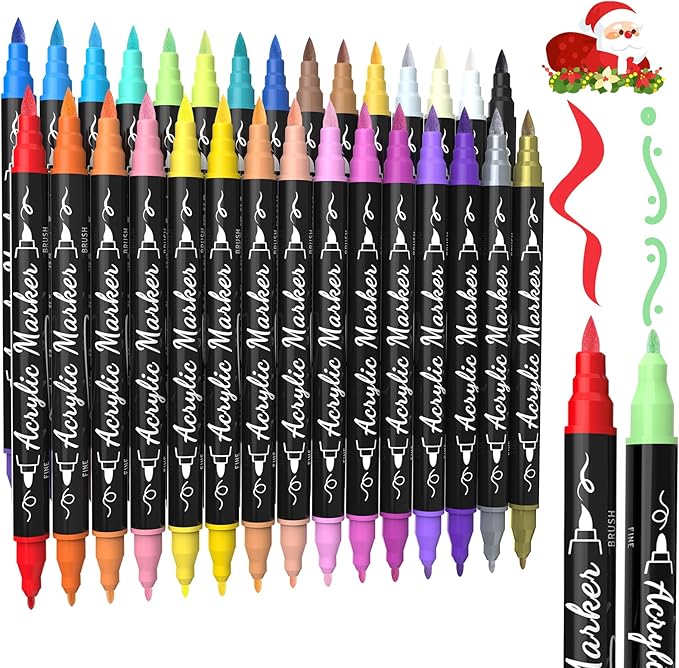 TOSHARE 30 Colors Dual Tip Acrylic Paint Markers, Premium Brush&Fine Acrylic Paint Pens for Rock, Wood, Paper, Fabric, Canvas, Glass,Ceramic,Egg,Scrapbook and DIY Crafts Supplies-Junk Journal Supplies