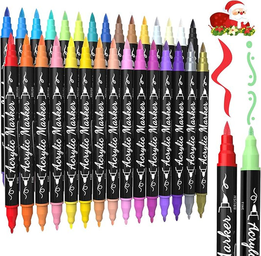 TOSHARE 30 Colors Dual Tip Acrylic Paint Markers, Premium Brush&Fine Acrylic Paint Pens for Rock, Wood, Paper, Fabric, Canvas, Glass,Ceramic,Egg,Scrapbook and DIY Crafts Supplies-Junk Journal Supplies