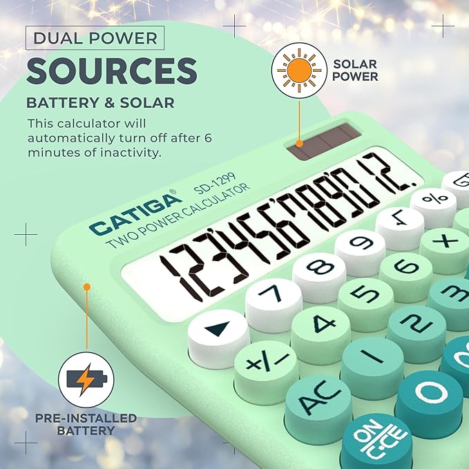 CATIGA Mechanical Switch Calculator with Solar and Battery Dual Power, 12-Digit Large LCD Display, Aesthetic and Cute Desktop Calculator with Big Button, for Home, School and Office Use, SD-1299