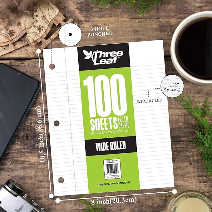 THREE LEAF 100 SHEETS WIDE RULED FILLER PAPER, PACK OF 12, LOOSE-LEAF SHEETS FOR SCHOOL AND OFFICE 100 CT. FILLER PAPER, NOTEBOOK PAPER