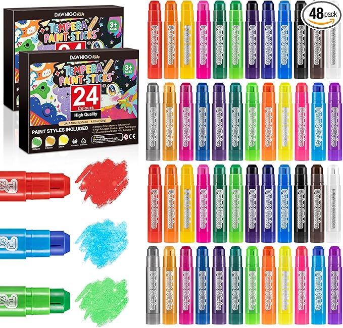 48 Pack Tempera Paint Sticks,24 Colors Washable Paint Sticks for Kids,Non-Toxic,90s Quick Drying, Allergen Free and High Coverage Solid Tempera Paint Stick,Ideal Gifts for Kids and Toddlers