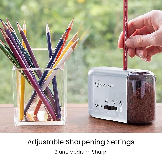 OfficeGoods Electric Pencil Sharpener - Battery or Cord Powered Portable Sharpener - Perfectly Sharpens Colored Pencils, Drafting Pencils for Kids, Adults, Office, School and Home - Silver