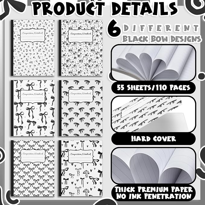 Fullhawl 6 Pack Composition Notebook College Ruled Bulk Black Bow Composition Notebook Preppy Aesthetic for Back to School Supplies 110 Pages 9-3/4 x 7-1/2" Journal for First Day of School Office
