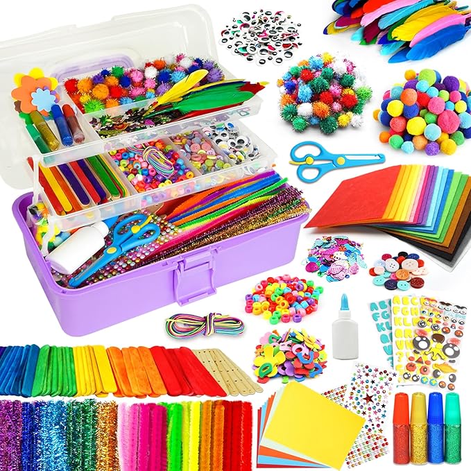 FUNZBO Arts and Crafts Supplies for Kids - Toddler Crafts Kits with Glue Stick Pipe Cleaners Construction Paper Pom Poms Googly Eyes, Crafts for Kids Ages 4-8, Birathday Gifts for Girls