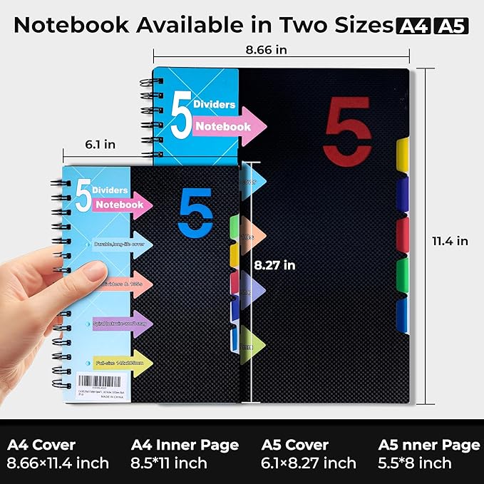 CAGIE 5 Subject Notebook with Dividers 220 Pages Spiral Notebooks with Tabs 5x7 A5 Spiral Bound Journal for Note Taking Work School Supplies, Wide Ruled, Black