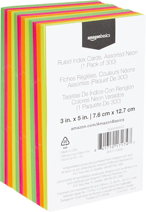 Amazon Basics Ruled Index Flash Cards for Studying and Note Taking, Assorted Neon Colored, 3x5 Inch, 300-Count (Pack of 10)