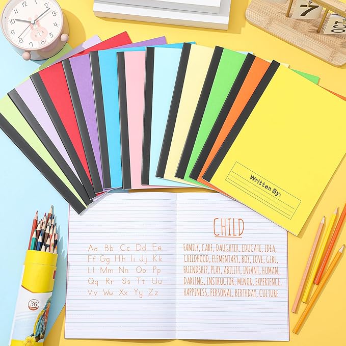 Henoyso 12 Pcs Primary Composition Notebook K-2, Wide Ruled 9.75" x 7.5" Journals, 60 Pages, Writing & Handwriting Practice for Kindergarten, 1st & 2nd Grade, Back to School Supplies (12 Colors)