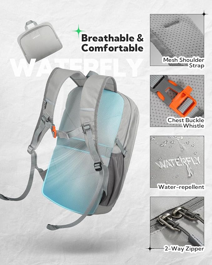 WATERFLY Lightweight Packable Backpack, 25L Small Foldable Travel Daypack | Large Opening Pocket with Luggage Strap, Breathable Back Pad, Easy to Fold, Compact Day Pack for Hiking Outdoor