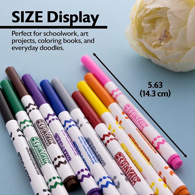 BAZIC Products Super Washable Markers Fine Line 10 Color, Thin Tip Coloring Marker, Non Toxic Marcadorc Art School Supplies, Gift (10/Pack), 1-Pack