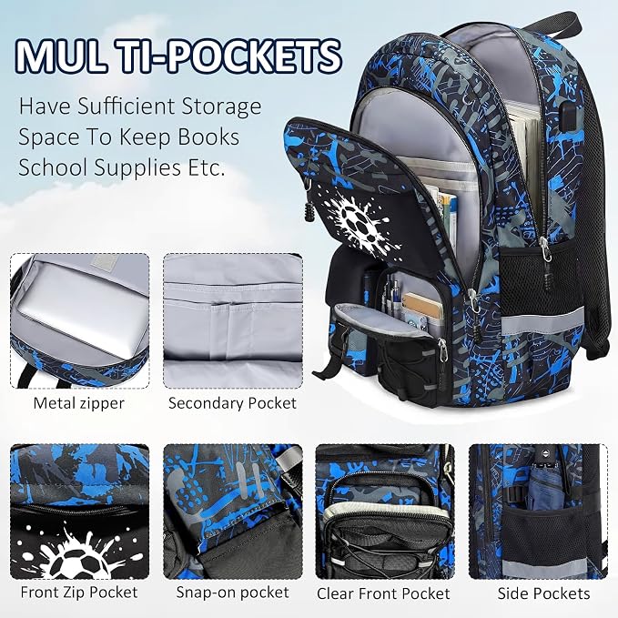 School Backpack for Boys - 4pcs Gamer Boys Backpack with Lunch Box Set for Kids Teens Elementary Middle High School,18″ Large Capacity Students Bookbag with Usb Charging Port & Key-chain