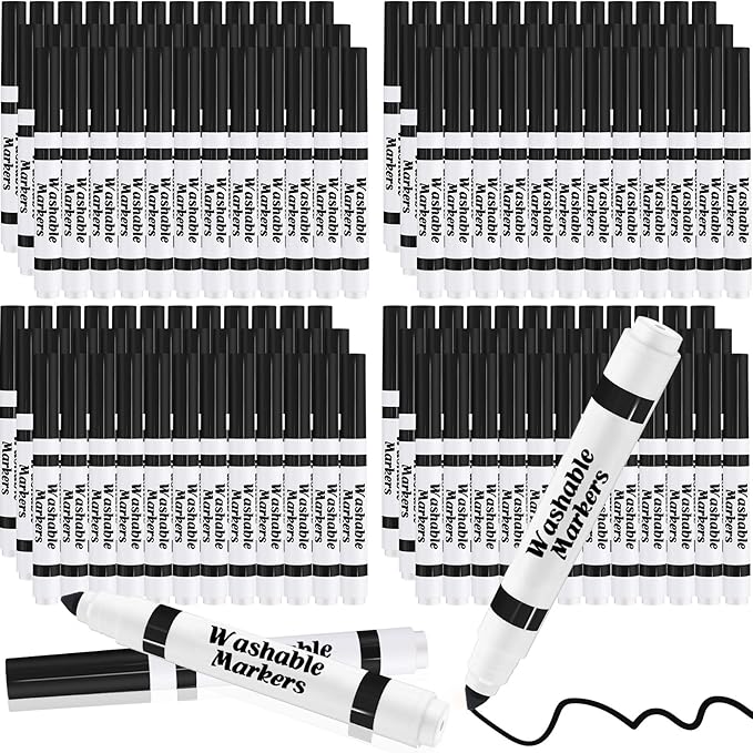 144 Pcs Black Washable Markers Bulk Broad Line Markers Set Classic Broad Tip Washable Drawing Pens for Kids, Teachers, Students, Party Favors, School Supplies, Donations