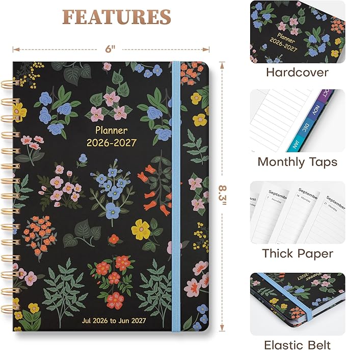 Planner 2026-2027 Monthly and Weekly Academic Planner July 2026 - June 2027, Hardcover Calendar 2026-2027 Agenda Daily Planner for Student Teacher School Office Supplies, 6" x 8.3", Vintage Floral