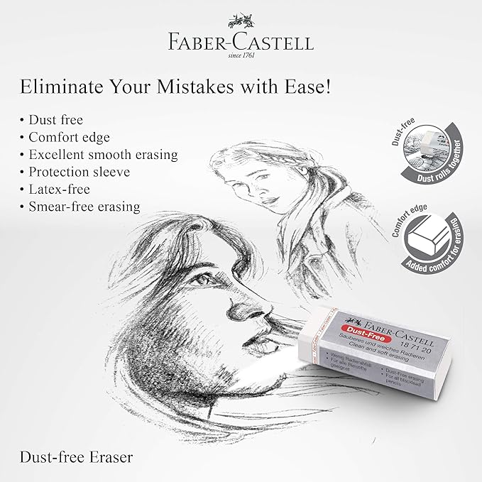 Faber-Castell Dust Free White Eraser (Box of 20) - Soft Erasing, Comfort Edge, Latex Free, Great for Black Lead Erasing for School, Office & Home