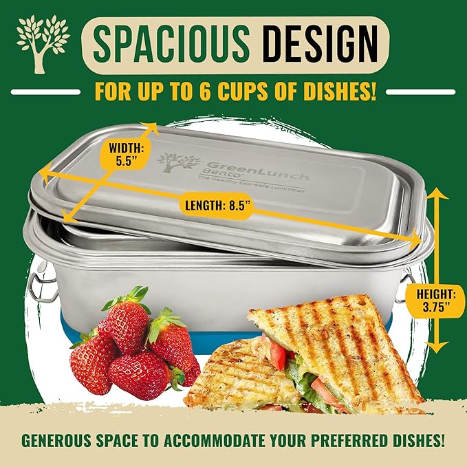 GreenLunch 2-Piece Stainless Steel Bento Box for Adults & Teens | Large 6-Cup BPA-Free Lunch Box with Removable Compartments & Snap Locks | Office, Meal Prep & Travel- Blue