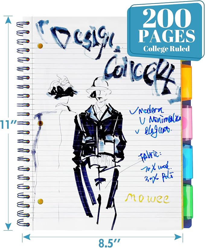 5-Subject Spiral Notebook, College Ruled, with Pocket & Tab Dividers