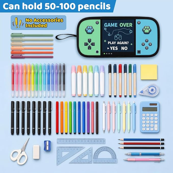 Game Controller Pencil Case for Boys Kids Teens, Large Capacity Pencil Pouch with 3 Compartments, 7 Pockets and Label Pocket for School College Office Travel (Green & Blue)