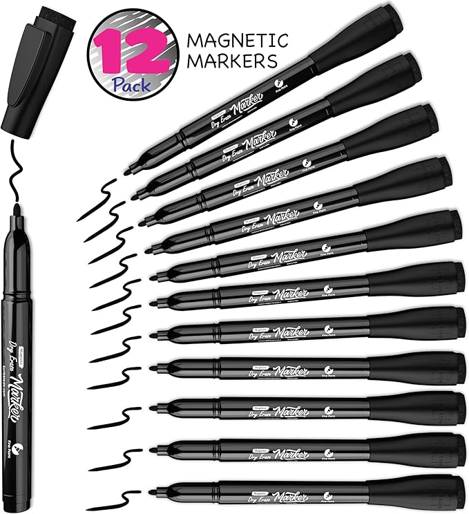 Scribbledo 12 Pack Magnetic Dry Erase Markers Black Fine Tip Whiteboard Markers with Eraser Cap Thin Low Odor Skinny White Board Markers for Adults Students Teachers Art Home School & Office