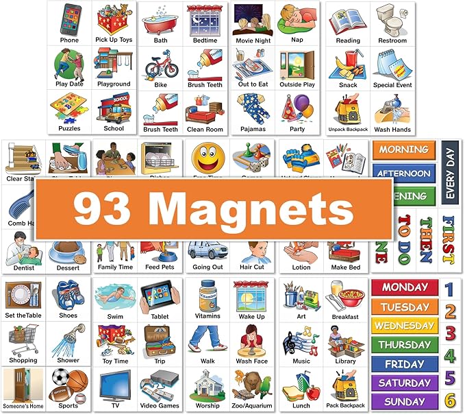 SchKIDules Visual Schedules for Kids 93 Pc Home Collection for Daily Routines: 72 Picture Magnets +21 Headings for Children, ADHD & Visual Learners
